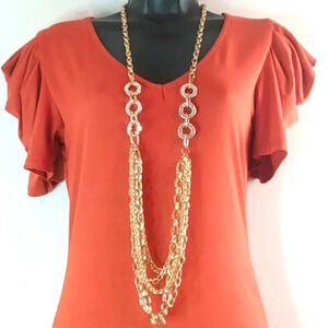 Rust Ruffle Style Fashion Dress Include Long Layered Gold Chain Necklace Set